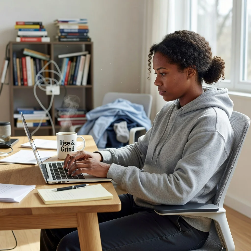 A photorealistic image depicting the advantages and disadvantages of agile work agreements for employees, showing a professional adult employee working flexibly from a modern home office setup with a laptop, surrounded by elements symbolizing work-life balance such as a comfortable chair, plants, and a window view, without any focus on legal documents or children.