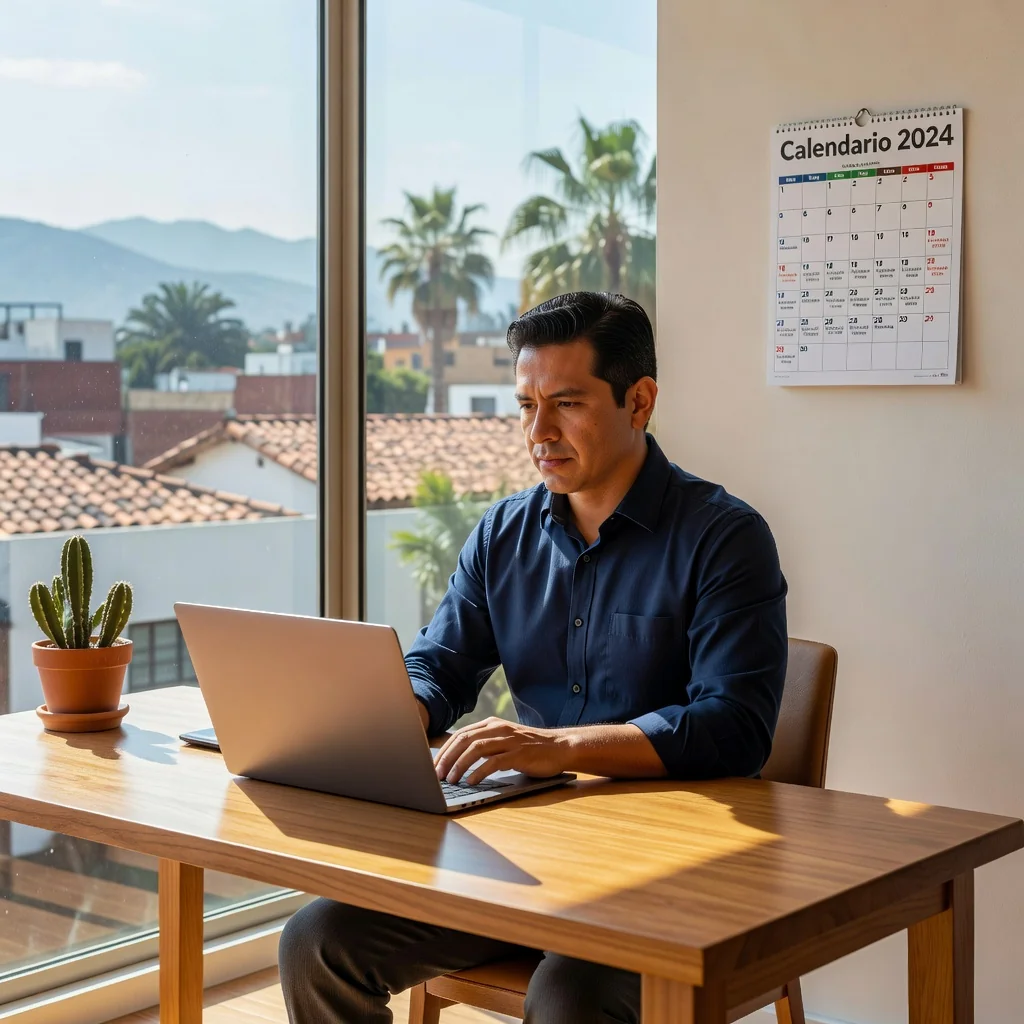 A photorealistic hero image depicting a professional adult Mexican worker in a modern home office setup for teleworking, symbolizing remote work under a Mexican employment contract. The scene shows the worker at a desk with a laptop, engaging in a video call, surrounded by elements like a Mexican flag or cultural items to localize it, conveying productivity and work-life balance. No children or legal documents are present.