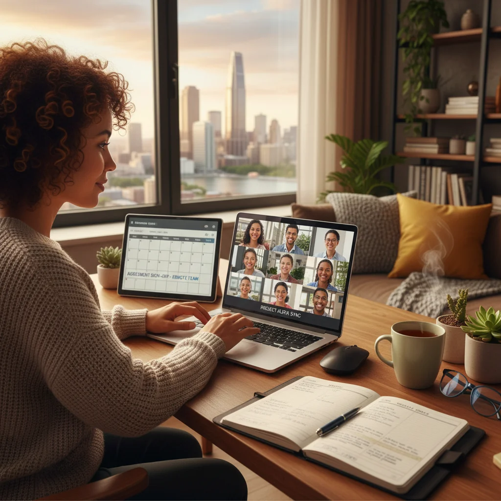 A professional remote worker in a modern home office setup, typing on a laptop with a video call on screen, surrounded by comfortable elements like plants and coffee, symbolizing effective remote work agreements for US employers.