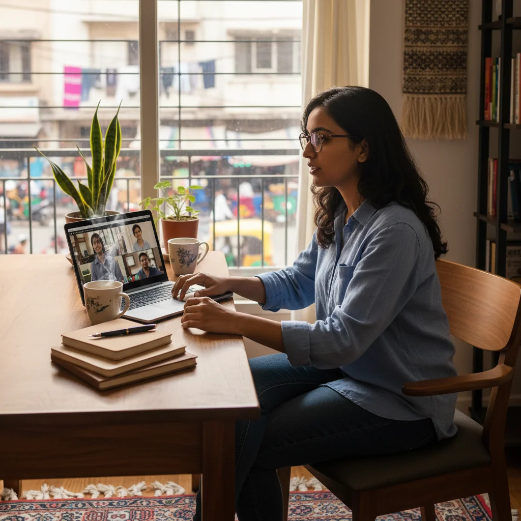 A photorealistic image depicting a young Indian professional working remotely from a cozy home office setup in a modern apartment in India. The person is an adult in their 20s or 30s, sitting at a desk with a laptop, wearing comfortable casual clothes, focused on a video call or typing, with elements like a cup of tea, window showing an Indian cityscape or greenery outside, symbolizing the flexibility and independence of remote work contracts. No children or legal documents visible.
