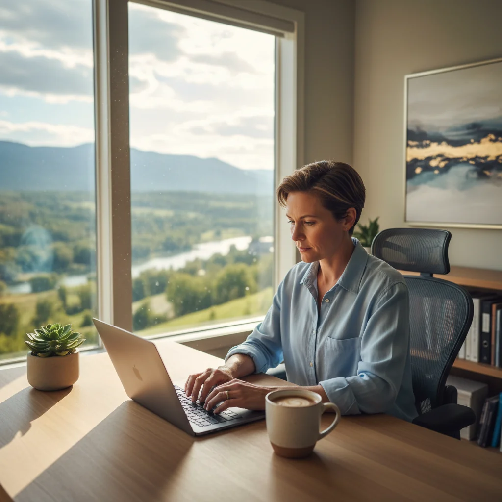 A photorealistic image depicting remote work, showing a professional adult working from home on a laptop in a cozy home office setup with natural light, emphasizing freedom and flexibility of remote contracts, no legal documents visible.