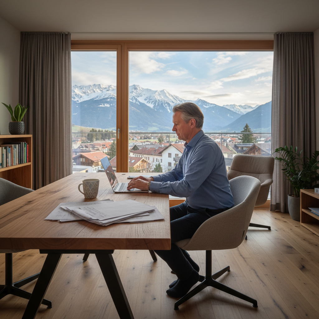 A photorealistic image depicting a professional adult working remotely from home in Austria, with a laptop on a desk, a window showing Austrian landscape in the background, symbolizing telework agreements.