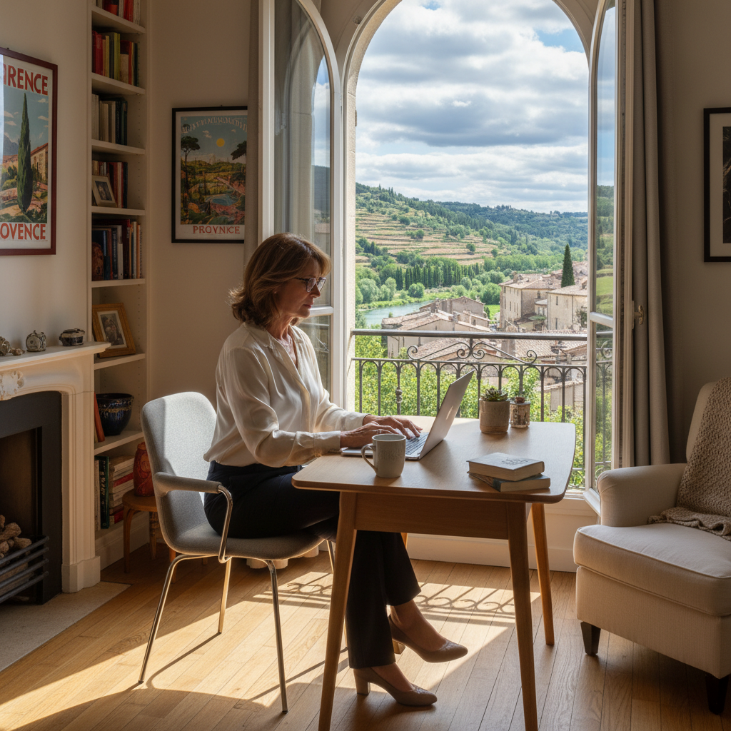A photorealistic image depicting a professional adult woman working remotely from her home office in France, sitting at a desk with a laptop, looking focused and content, with a window showing a view of the French countryside in the background, symbolizing the flexibility of telework under a French agreement.