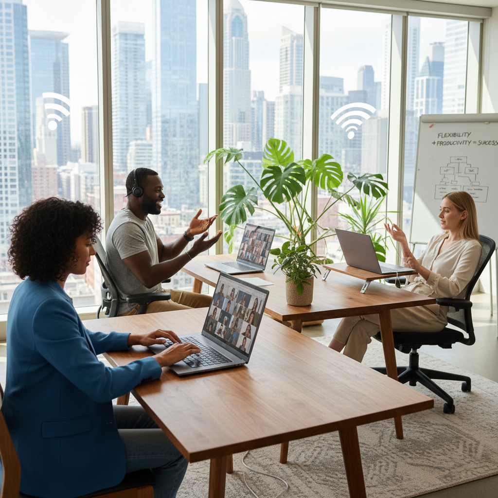 A photorealistic image depicting the advantages of telework agreements for businesses, showing a diverse group of adult professionals working remotely from home offices, engaged in a productive virtual meeting via video call, with elements like laptops, comfortable workspaces, and a sense of balance between work and life, conveying freedom, flexibility, and legal compliance without focusing on documents.