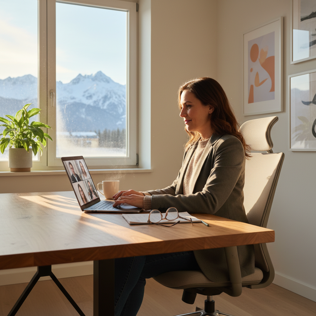 A photorealistic image depicting remote work in Austria, showing a professional adult working from home in a cozy Austrian-style apartment with alpine views in the background, using a laptop for a video call, symbolizing a teleworking agreement without focusing on any legal documents.