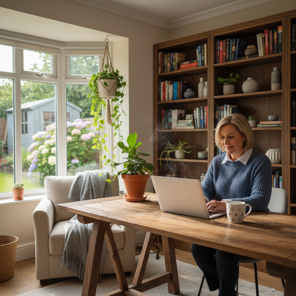 A photorealistic image of a professional adult working remotely from a cozy home office setup, with a laptop on a desk, natural light coming through a window showing a garden view, symbolizing the flexibility and benefits of teleworking in the UK. No children or legal documents visible.