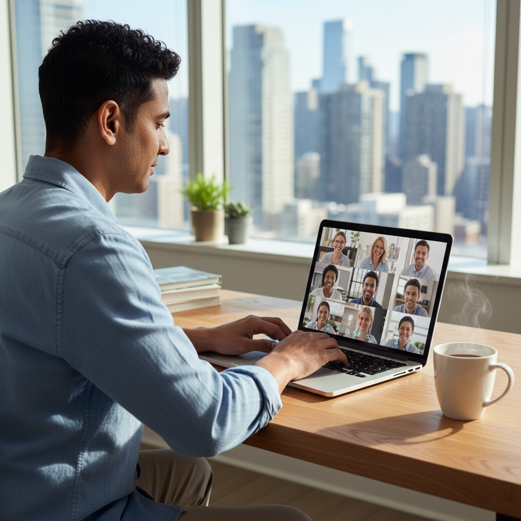 A photorealistic image depicting remote work, showing an adult professional working from a comfortable home office setup with a laptop, video call in progress, natural light, conveying productivity and flexibility in telecommuting.