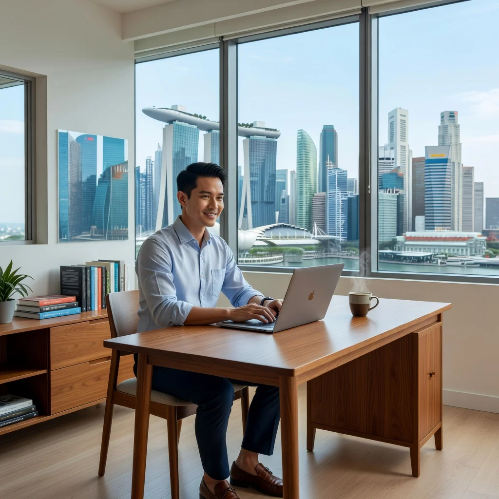 A photorealistic image depicting a professional adult working remotely from a modern home office in Singapore, with a laptop on a desk, city skyline visible through the window, emphasizing work-life balance and remote employment without any legal documents or children.