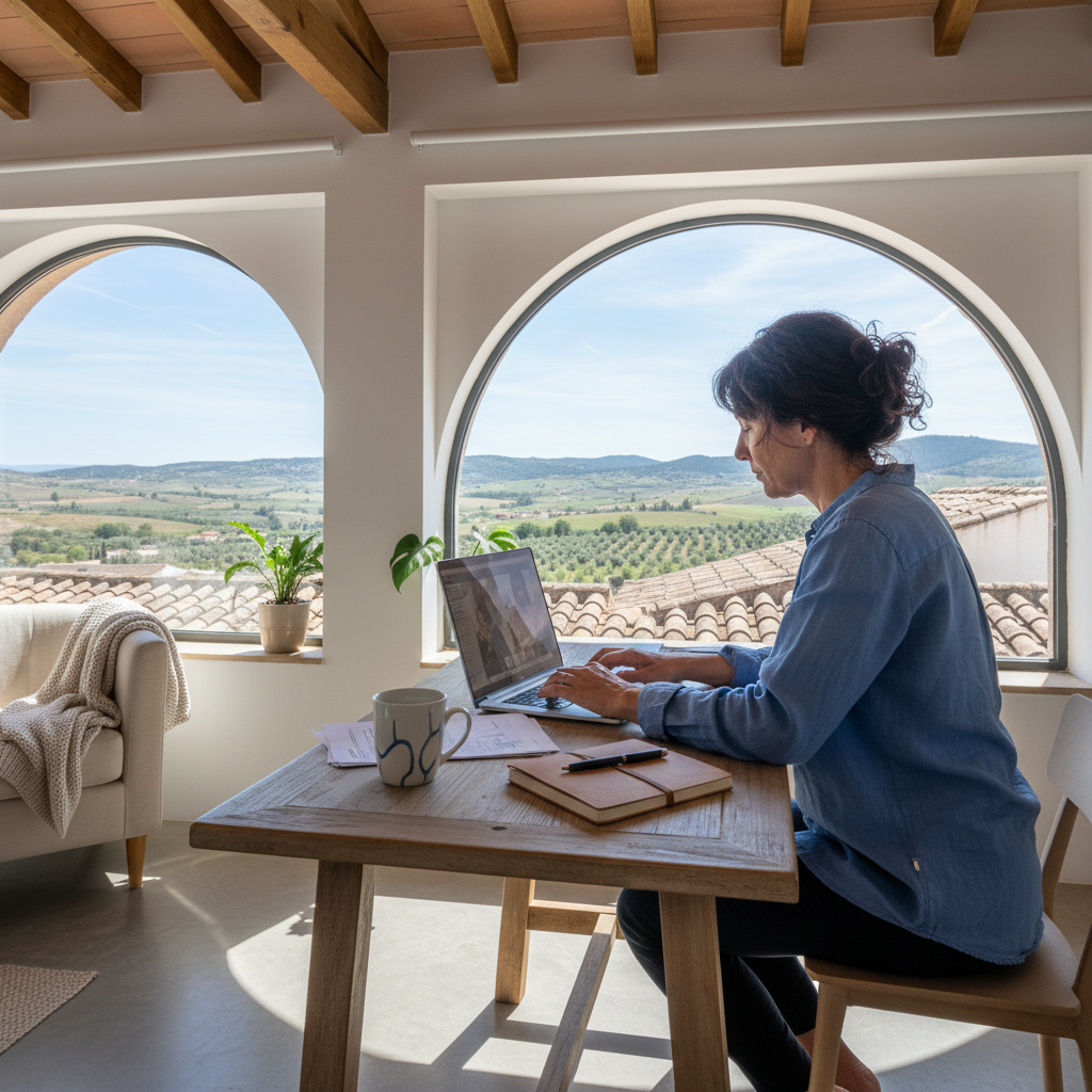 A photorealistic image of a professional adult working remotely from a comfortable home office in Spain, with a laptop on a desk, a window showing a scenic Spanish landscape like mountains or a coastal view, symbolizing flexibility and work-life balance in remote employment agreements.