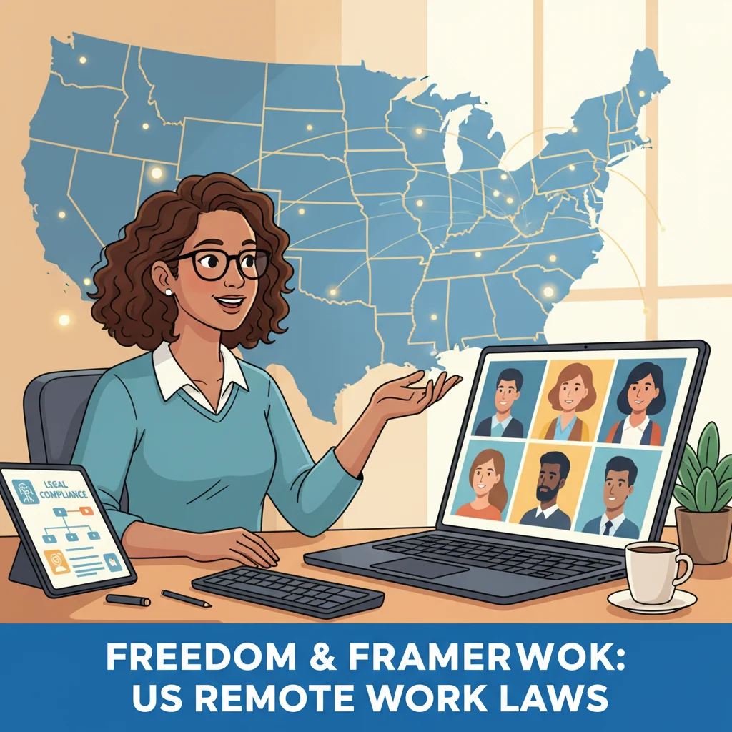 A professional remote worker sitting at a home office desk with a laptop, video call on screen, surrounded by elements symbolizing US states like a map in the background, conveying compliance and legal aspects of remote work agreements without focusing on documents.