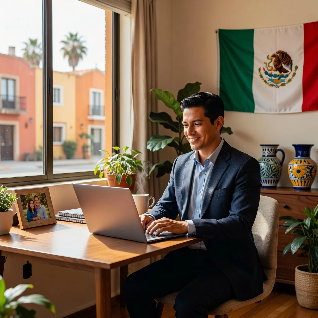 A photorealistic image depicting a professional adult Mexican worker in a home office setting for telework, showing a balanced work-life with elements like a laptop, comfortable workspace, and subtle Mexican cultural touches, emphasizing rights and obligations in remote employment without focusing on legal documents.