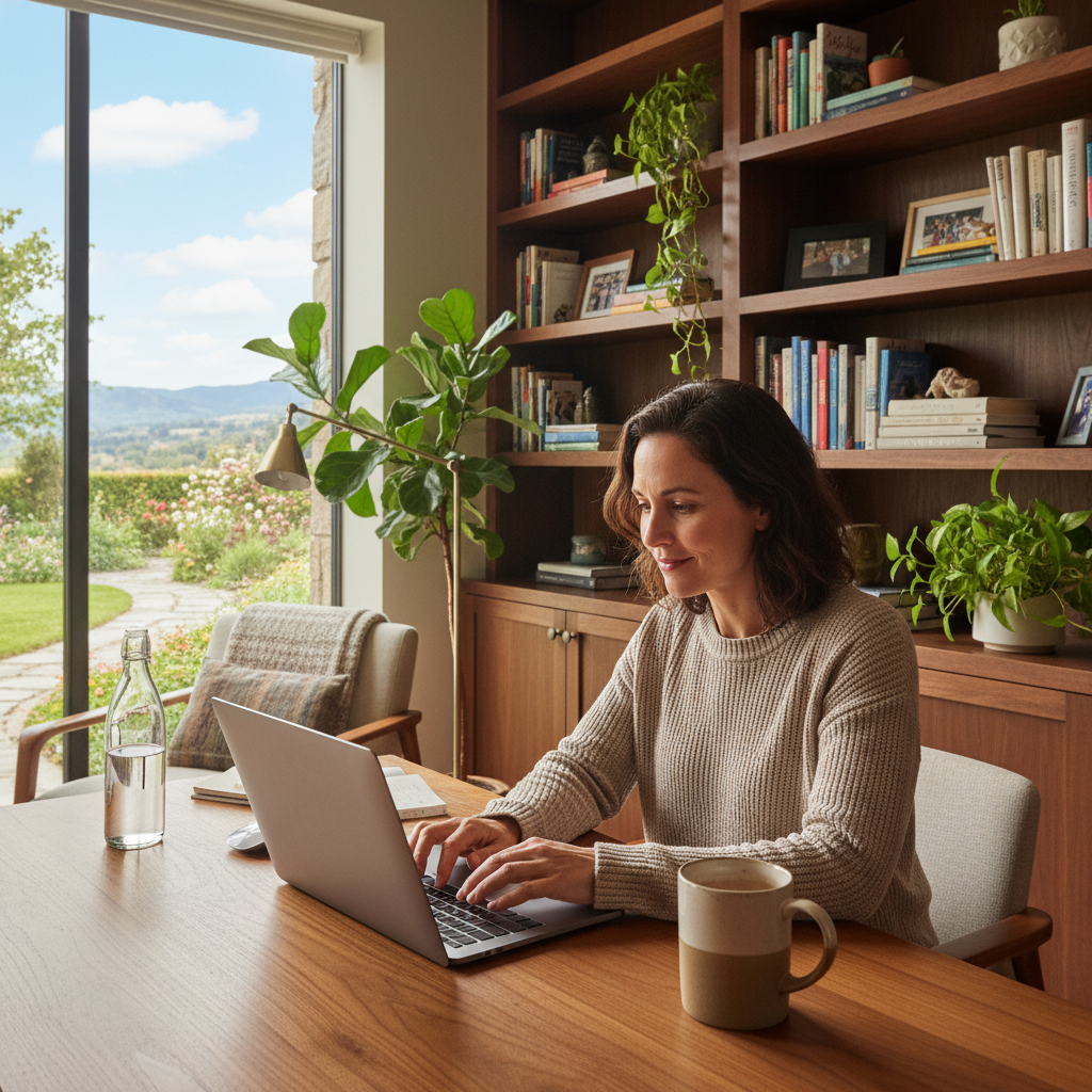 A photorealistic image depicting the advantages and disadvantages of teleworking agreements for employees, showing a professional adult working remotely from a home office setup with a laptop, natural light, comfortable environment, and subtle elements suggesting work-life balance like a window view and organized desk, no children present.