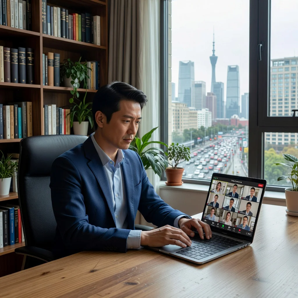 A photorealistic image depicting remote work in a modern Chinese context, showing an adult professional working from home with a laptop, surrounded by subtle Chinese cultural elements like a window view of a cityscape, emphasizing work-life balance and connectivity, no children present.