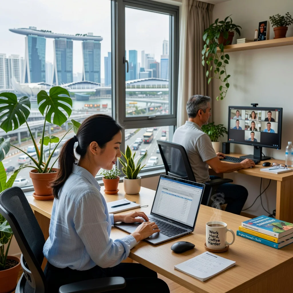 A photorealistic image depicting the benefits and challenges of remote work in Singapore, showing a diverse group of professionals working from home and modern co-working spaces in an urban Singapore setting, with elements like laptops, video calls, and city skyline views, emphasizing flexibility and productivity without focusing on legal documents.