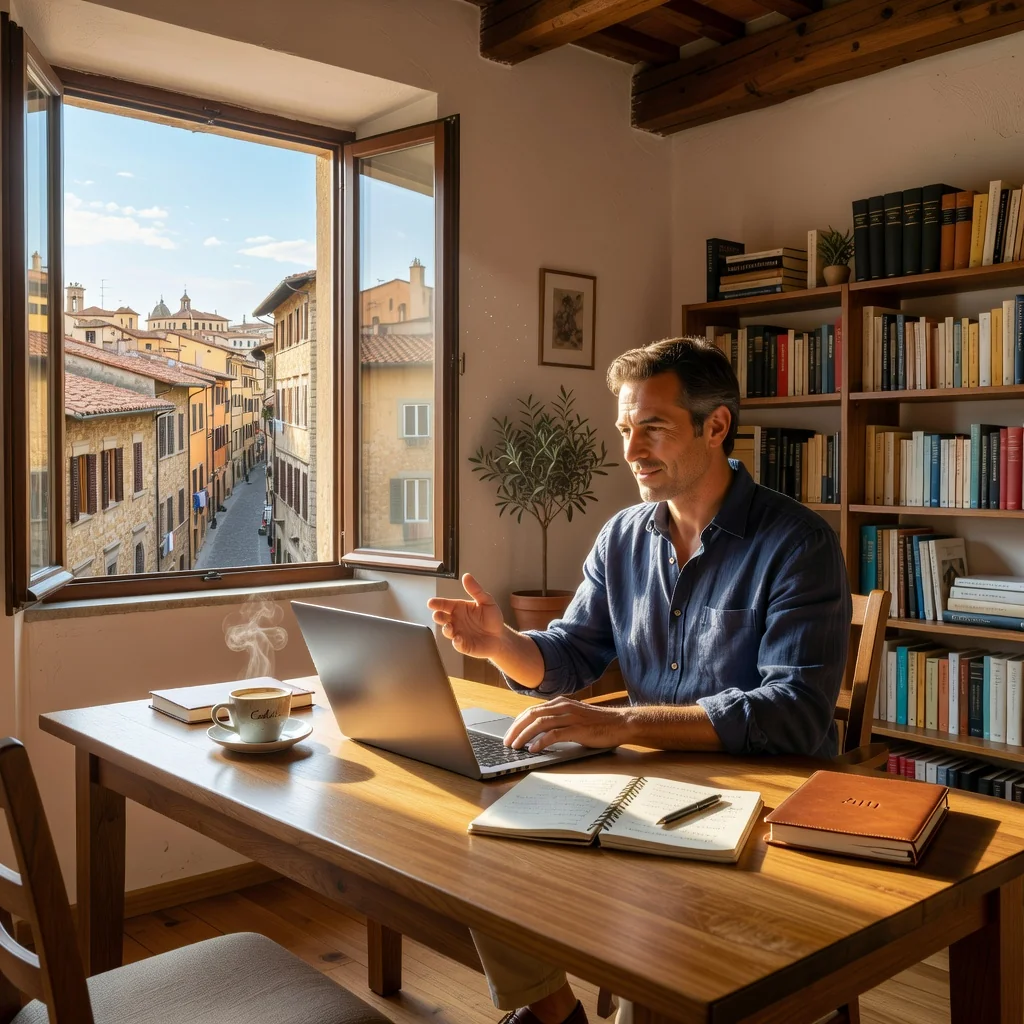 A photorealistic image depicting a modern agile work environment in Italy, showing a professional adult employee working remotely from a home office with a laptop, surrounded by Italian cultural elements like a window view of Roman architecture, symbolizing flexibility and work-life balance in agile employment agreements.
