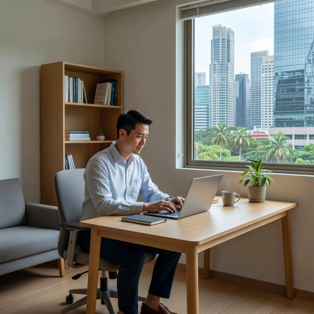 A photorealistic image depicting a professional adult working remotely from home in Singapore, with a modern home office setup including a laptop, surrounded by subtle Singaporean elements like a view of the city skyline or tropical plants, symbolizing a balanced remote work agreement.