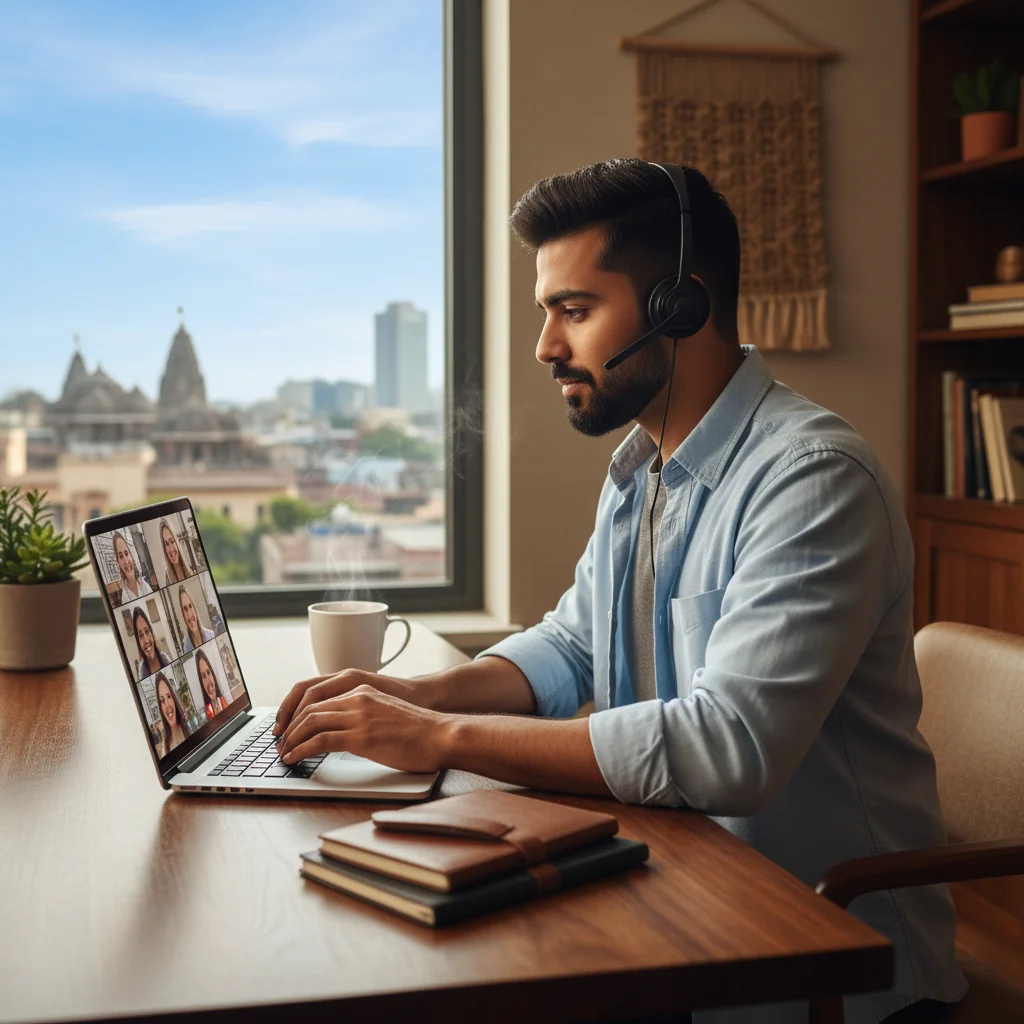 A photorealistic image depicting a professional adult working remotely from a modern home office setup in India, with a laptop, headset, and scenic view of Indian landmarks in the background, symbolizing remote work contracts without focusing on legal documents.