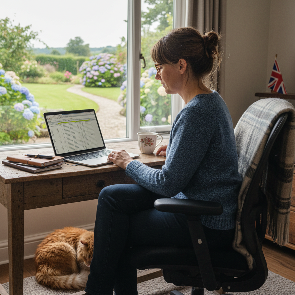 A photorealistic image of a professional adult working remotely from a modern home office setup, with a laptop on a desk, natural light from a window, and comfortable surroundings, symbolizing teleworking agreements in the UK.