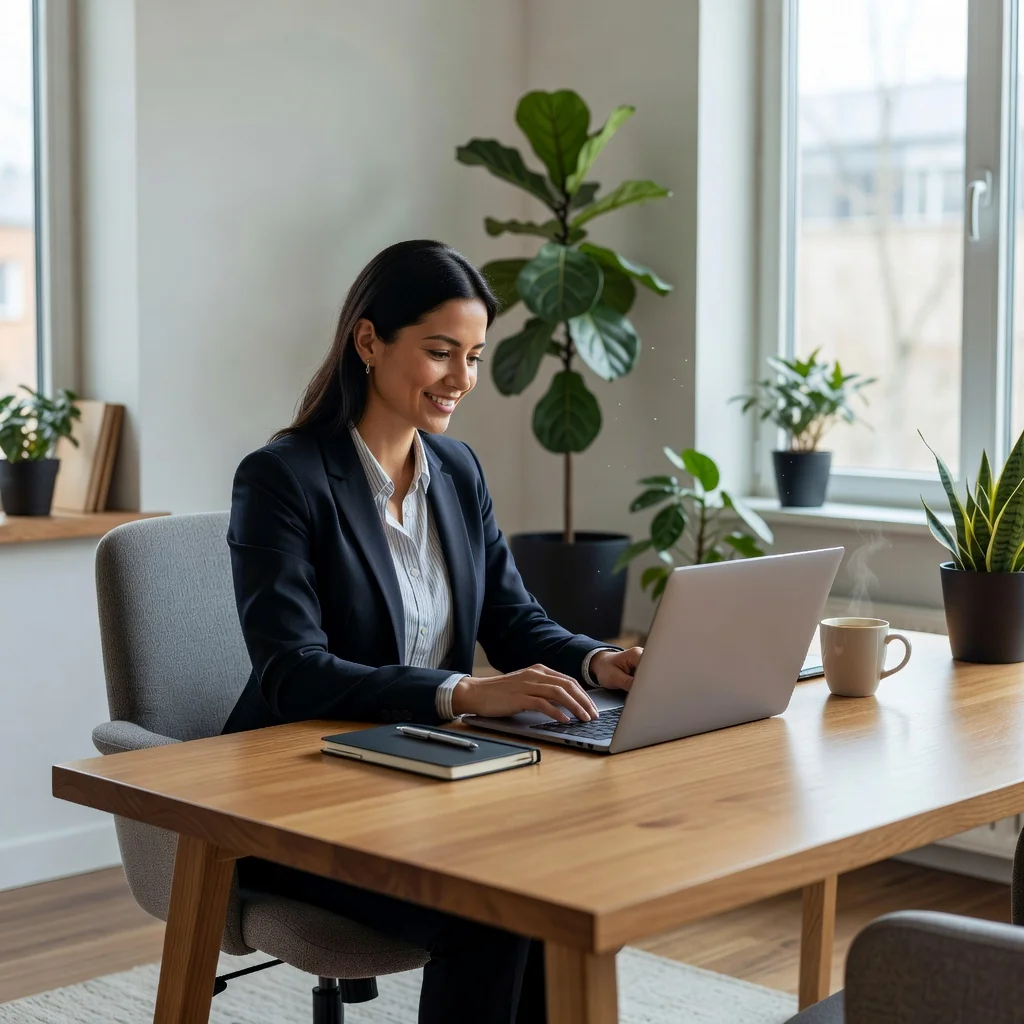 A photorealistic image depicting a professional adult remote worker in a modern home office setup, engaged in a video conference call with colleagues, symbolizing effective remote work agreements. The scene shows the worker at a desk with a laptop, wearing business casual attire, in a well-lit room with plants and natural light, conveying productivity and collaboration without any focus on legal documents.