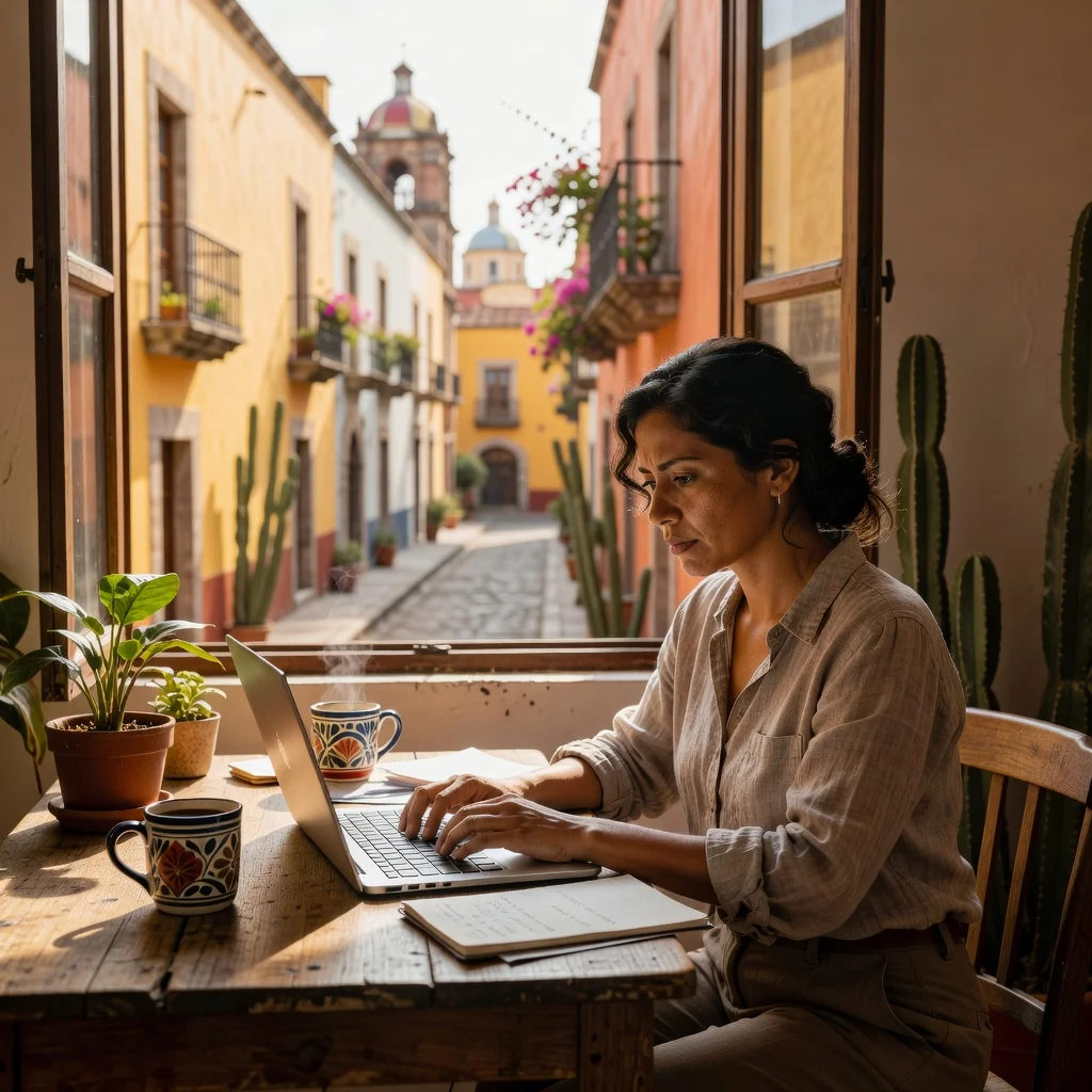 A photorealistic image of an adult professional working from home in Mexico, sitting at a modern desk with a laptop, surrounded by subtle Mexican cultural elements like a colorful serape or window view of a Mexican cityscape, conveying the essence of remote work and employment agreement without showing any legal documents.