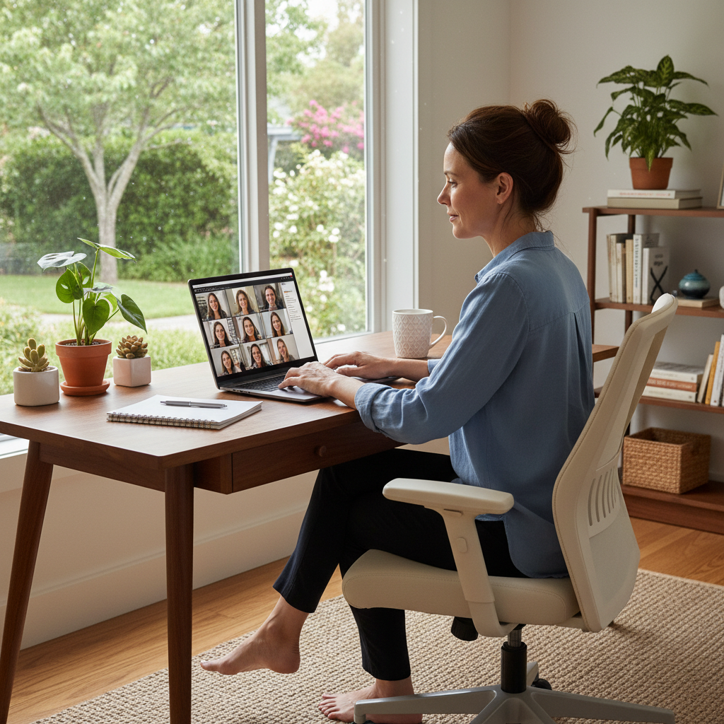 A photorealistic image of a professional adult woman working remotely from a cozy home office, typing on a laptop with a video call open, surrounded by plants and a window showing a scenic view outside, symbolizing effective remote work agreements. No children or legal documents visible.