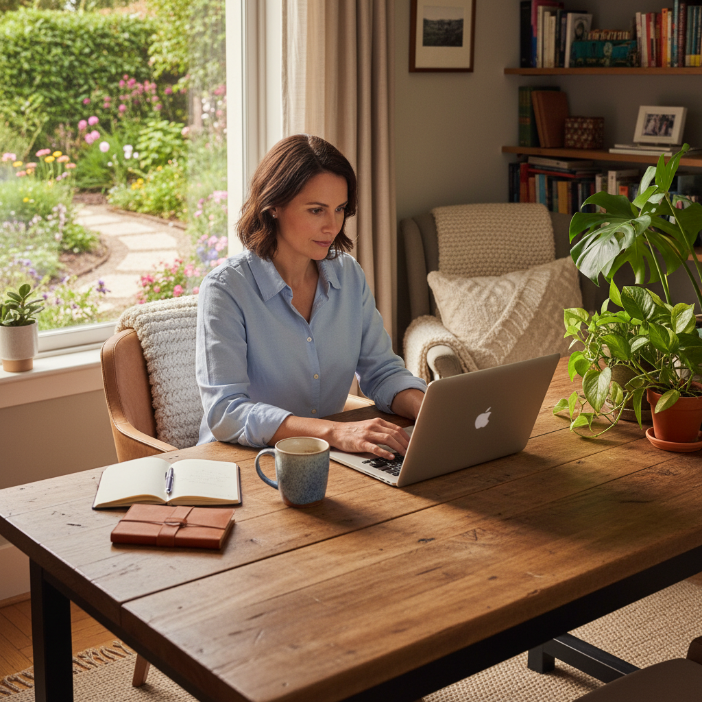 A photorealistic image depicting a professional adult working remotely from home, sitting at a modern desk with a laptop, surrounded by a comfortable home office setup, symbolizing rights and obligations in remote work agreements. The scene conveys balance between work and personal life, with natural light coming through a window, no children or legal documents visible.