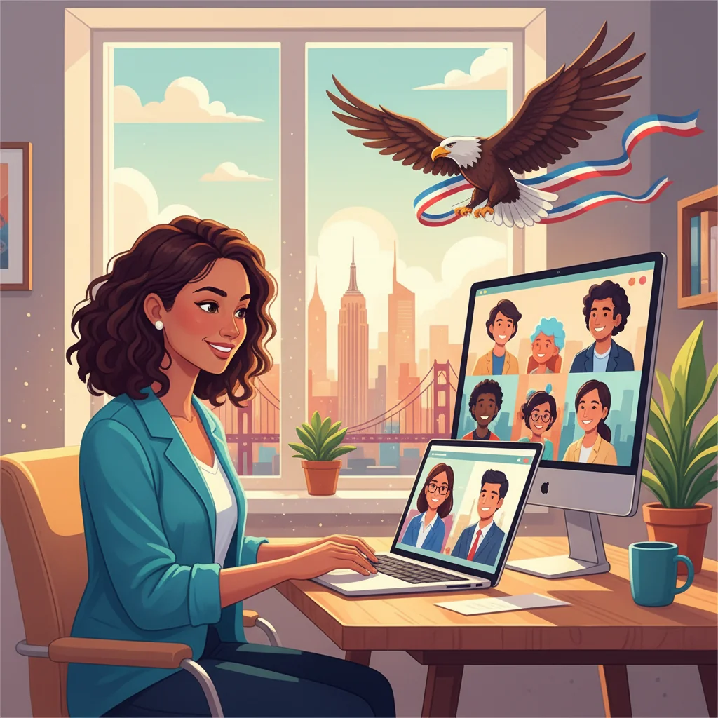 A professional person working remotely from a cozy home office, using a laptop with a video call on screen, surrounded by elements like a coffee mug and plants, symbolizing flexibility and productivity in remote work in the US.