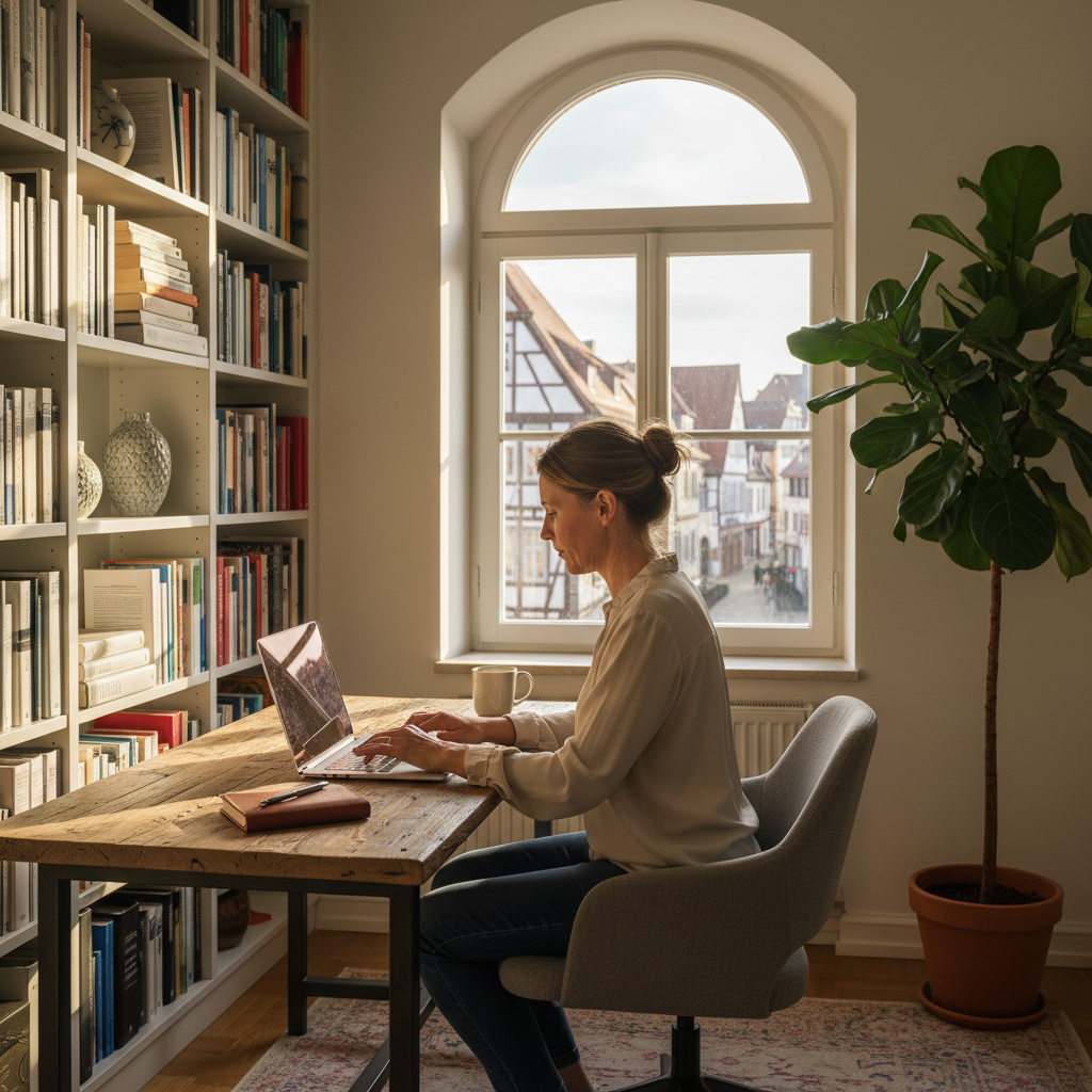 A photorealistic image depicting a professional remote worker in a modern home office setup in Germany, symbolizing teleworking agreements. The scene shows an adult employee focused on a laptop, with a window view of a German cityscape, emphasizing work-life balance and legal compliance without any documents visible.