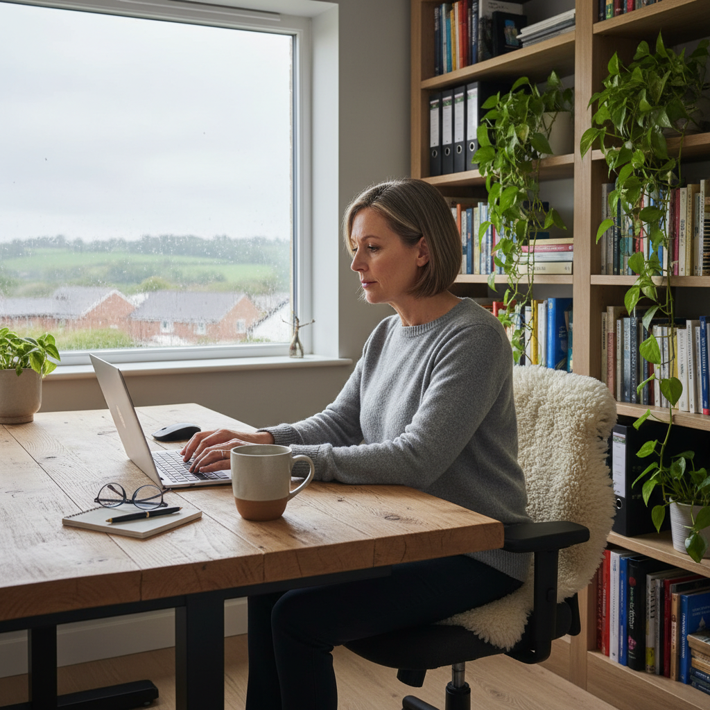 A photorealistic image depicting a professional adult employee working remotely from a home office setup in the UK, with a laptop on a desk, natural light from a window showing a subtle British countryside view, symbolizing teleworking flexibility and work-life balance for employers.
