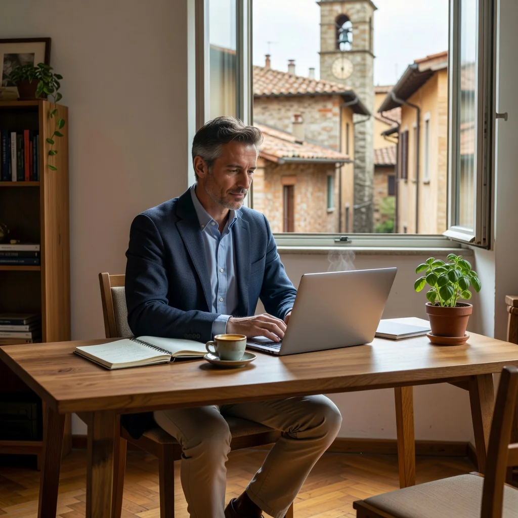 A photorealistic image of a professional adult employee working agilely from a modern home office setup in Italy, symbolizing flexible work arrangements under Italian law, with elements like a laptop, coffee, and a window view of an Italian cityscape, conveying balance between work and life without showing any legal documents.