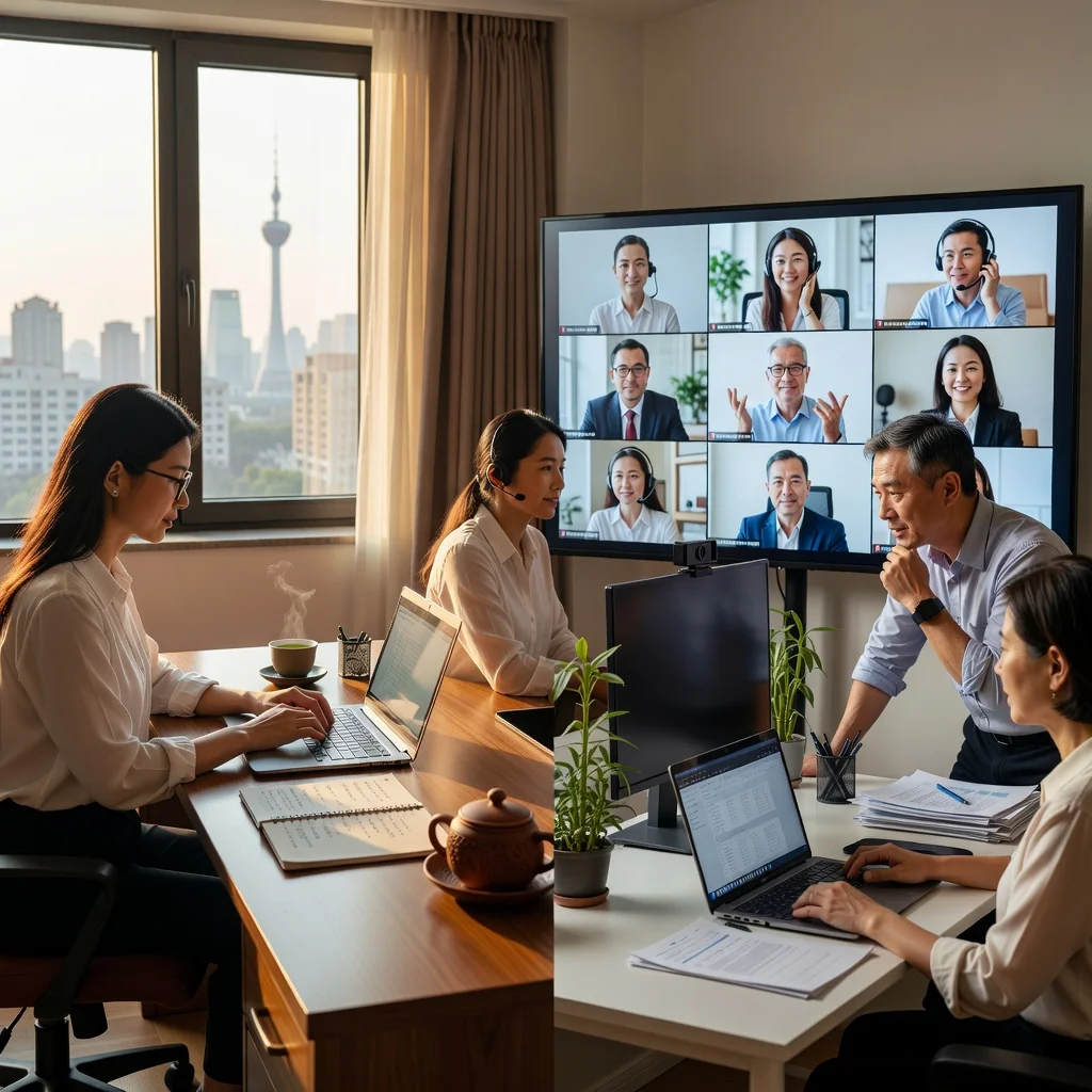 A photorealistic image depicting a diverse group of adult professionals engaged in remote work from home offices in China, with subtle Chinese cultural elements like traditional decor or city skyline in the background, symbolizing collaboration and problem-solving in remote work protocols. The scene shows adults only, no children, using laptops and video calls, conveying efficiency and resolution of common issues.