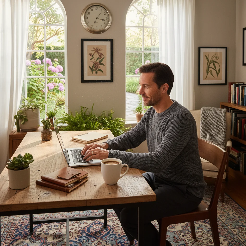 A photorealistic image depicting a professional adult working remotely from home, sitting at a modern desk with a laptop, wearing comfortable business casual clothes, in a bright home office setup with natural light, conveying productivity and work-life balance for teleworking agreement.
