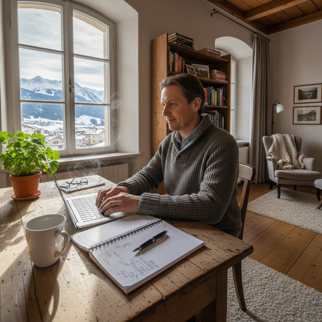 A photorealistic image depicting a professional adult working remotely from home in Austria, sitting at a modern desk with a laptop, surrounded by elements like Austrian mountains visible through a window, coffee mug, and notes, symbolizing a teleworking agreement without showing any legal documents.
