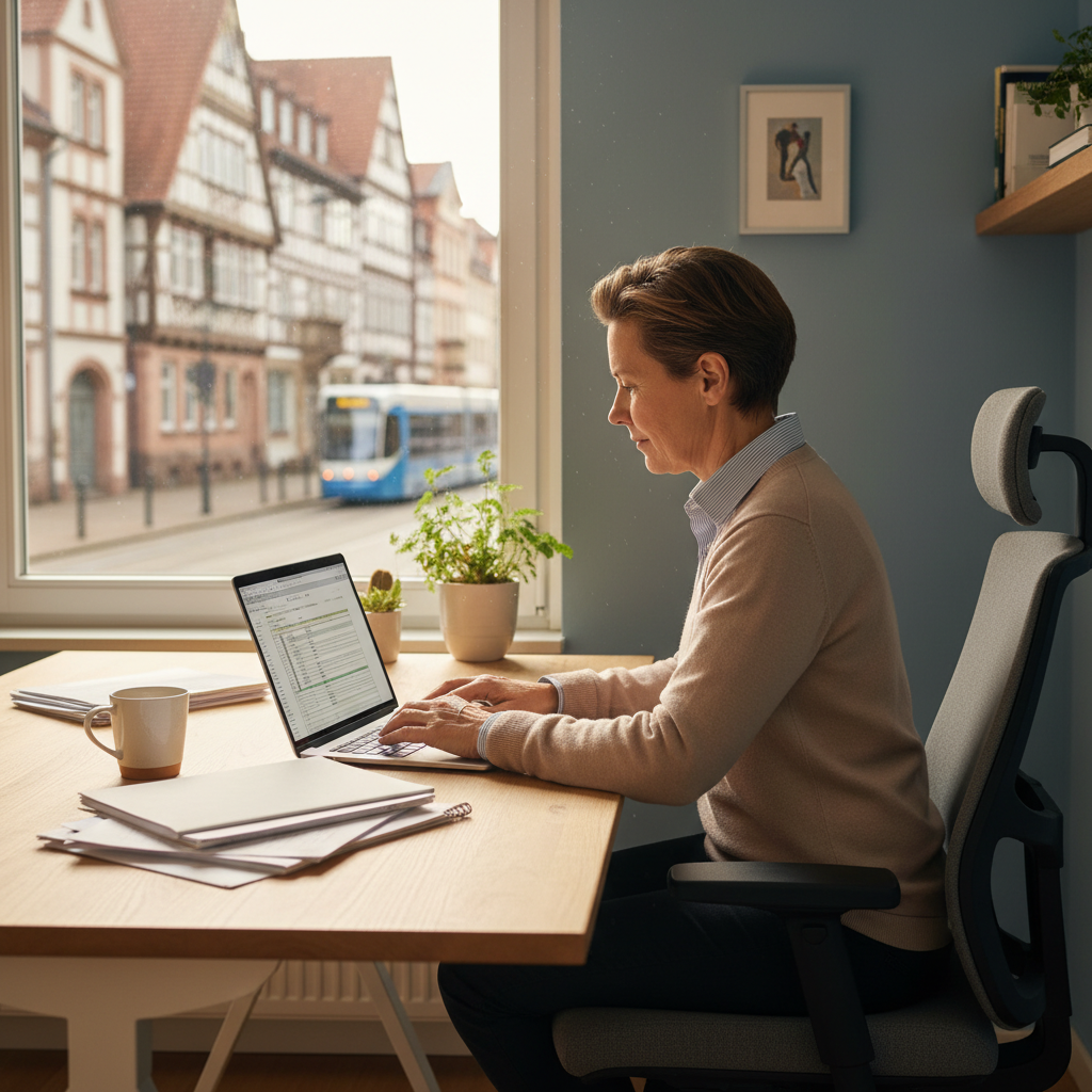 A photorealistic image of a professional adult working remotely from home in Germany, with a laptop on a desk, a window showing a German cityscape, symbolizing teleworking agreement.