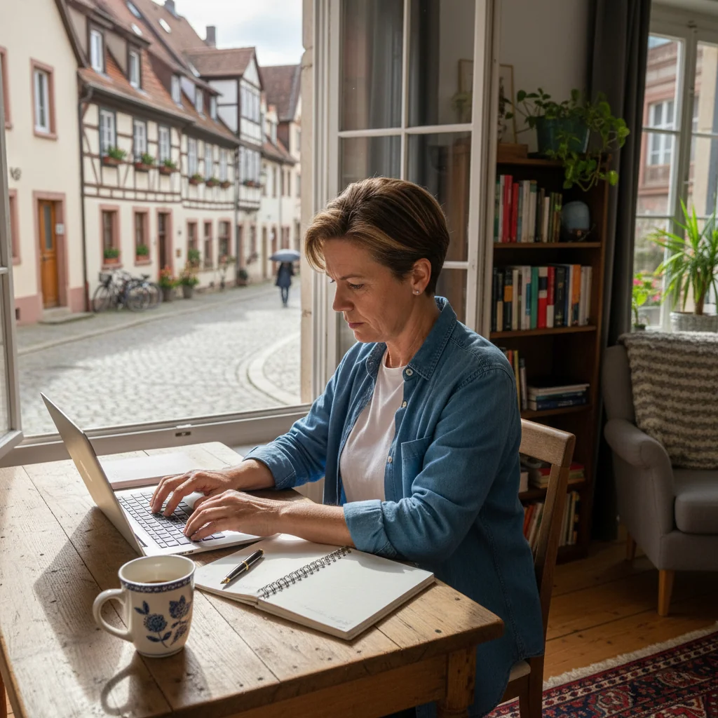 A photorealistic image of a professional adult working remotely from home in Germany, sitting at a modern desk with a laptop, surrounded by subtle German elements like a window view of a cityscape, emphasizing teleworking agreement themes without showing any legal documents or children.