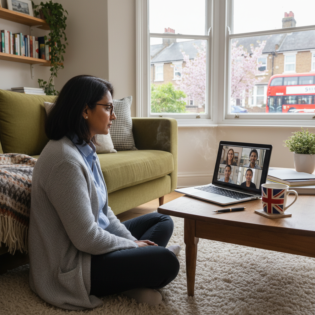 A photorealistic image of a professional adult working remotely from home in the UK, sitting at a modern desk with a laptop, video call on screen, surrounded by British home decor like a Union Jack mug and window view of a rainy London street, conveying work-life balance and teleworking.