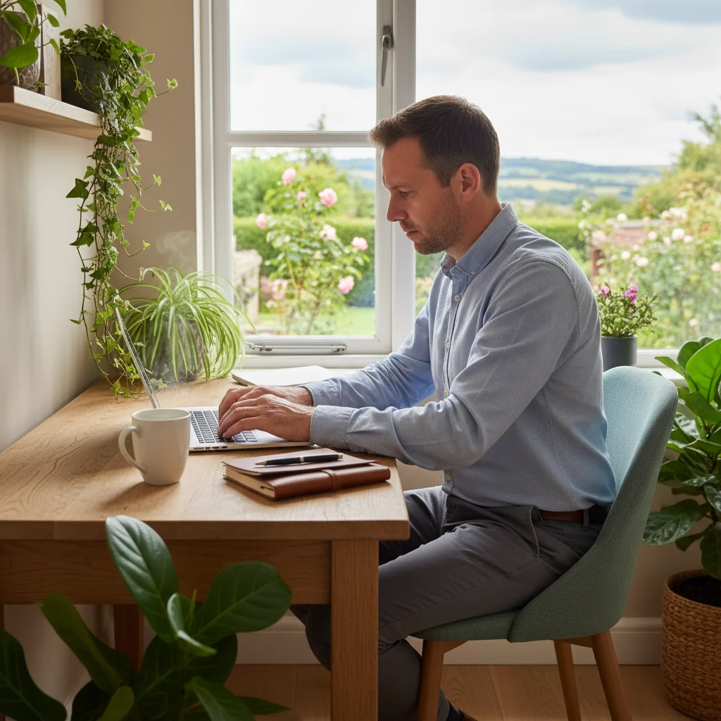 A photorealistic image of a professional adult working remotely from a home office in the UK, symbolizing teleworking agreements. The scene shows a focused adult at a desk with a laptop, surrounded by comfortable home elements like a window with a view of British countryside, coffee mug, and plants, emphasizing work-life balance and remote productivity. No children or legal documents visible.