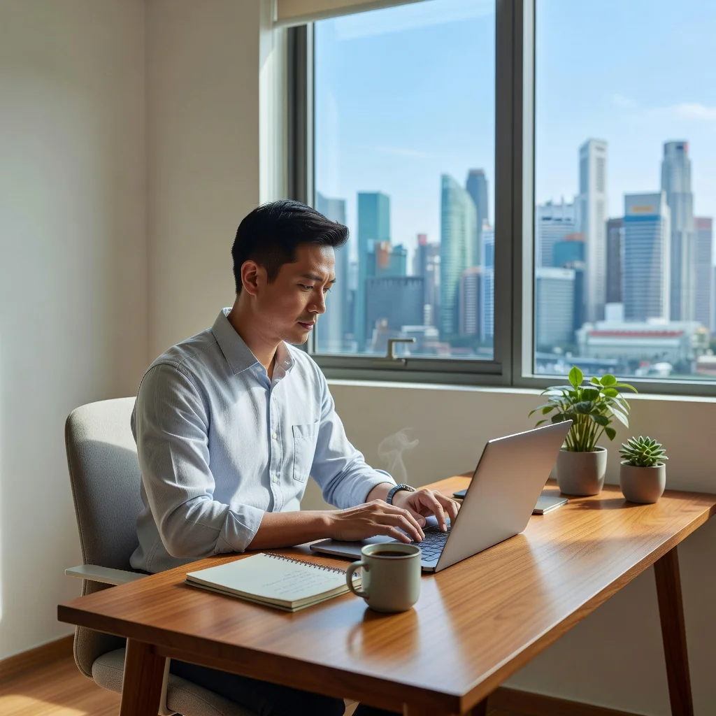 A photorealistic image depicting remote work in Singapore, showing a professional adult working from home at a desk with a laptop, surrounded by modern home office setup, with a view of Singapore's urban skyline through the window, conveying productivity and agreement in a flexible work environment. No children are present.