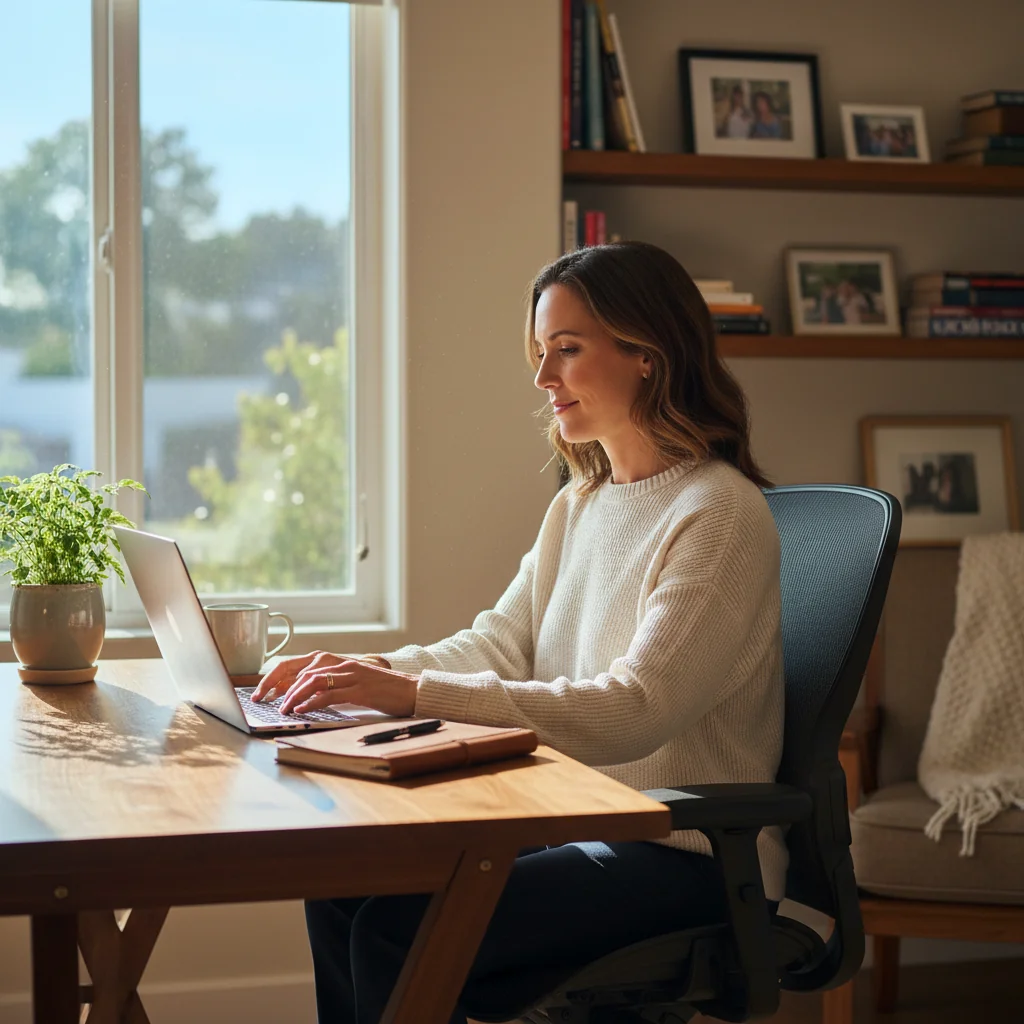 A photorealistic image depicting a professional adult working remotely from a home office setup, symbolizing the essence of remote work agreements. The scene shows an adult individual focused on a laptop at a modern desk with natural light, surrounded by elements like a coffee mug and plants, evoking productivity and flexibility in remote employment without displaying any legal documents.