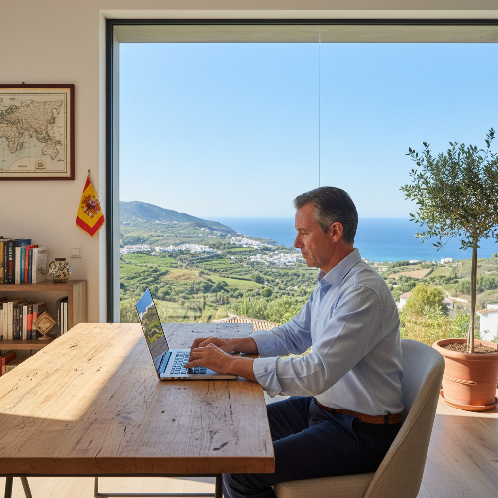 A photorealistic image depicting a professional adult working remotely from home in Spain, with a laptop on a desk, a window showing a scenic Spanish view like mountains or cityscape, symbolizing the purpose of a remote work agreement without focusing on documents.