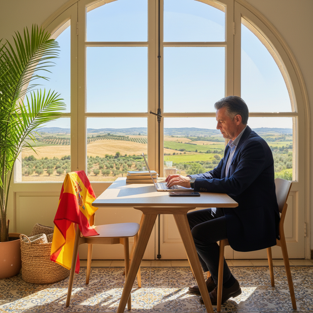 A photorealistic image of a professional adult working remotely from a cozy home office in Spain, with a laptop on a wooden desk, a window showing a scenic Spanish landscape like olive groves or mountains in the background, a cup of coffee nearby, and the person focused on their screen, symbolizing remote work agreements.