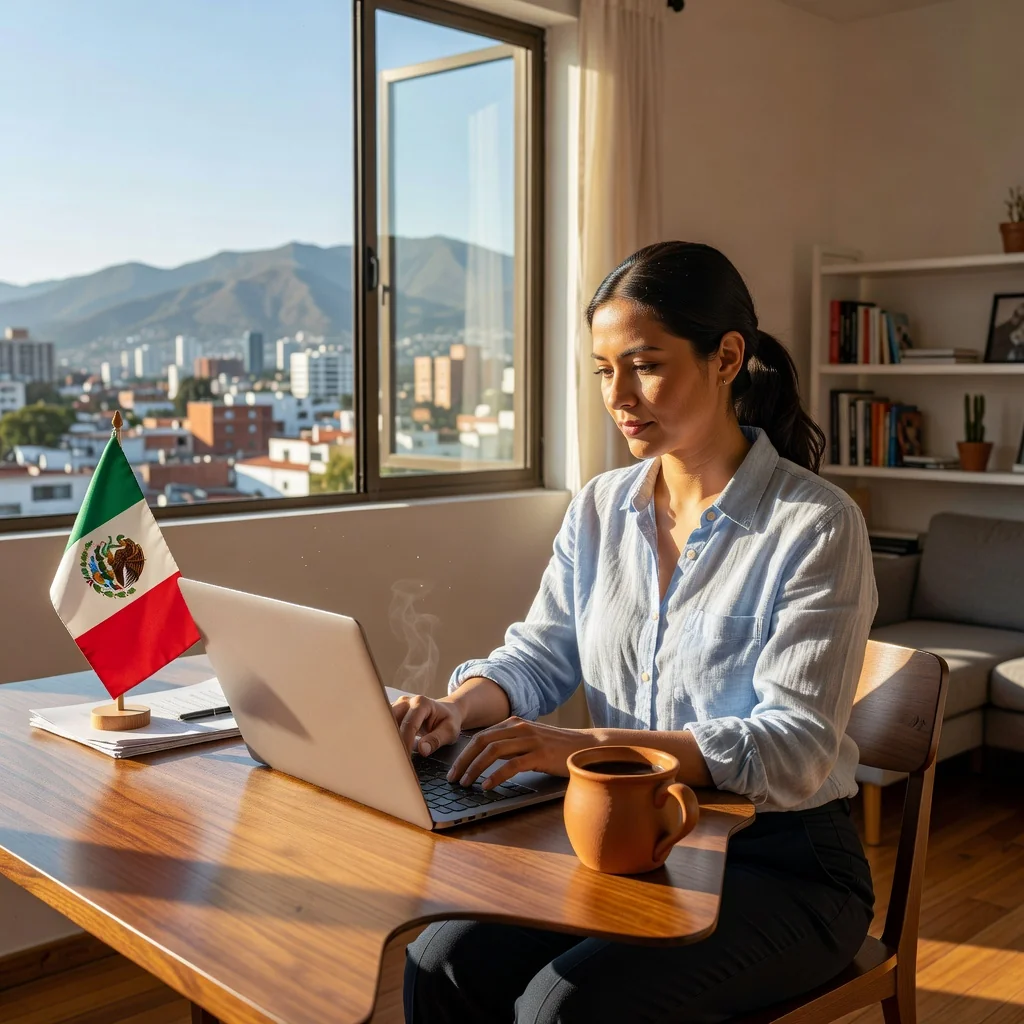 A photorealistic image of a professional adult working remotely from home in Mexico, sitting at a desk with a laptop, surrounded by elements of Mexican culture like a colorful serape or window view of a Mexican landscape, symbolizing telework agreement.