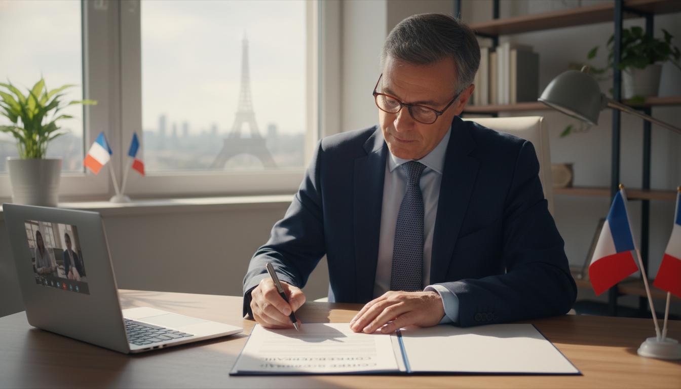 French professional signing telework contract