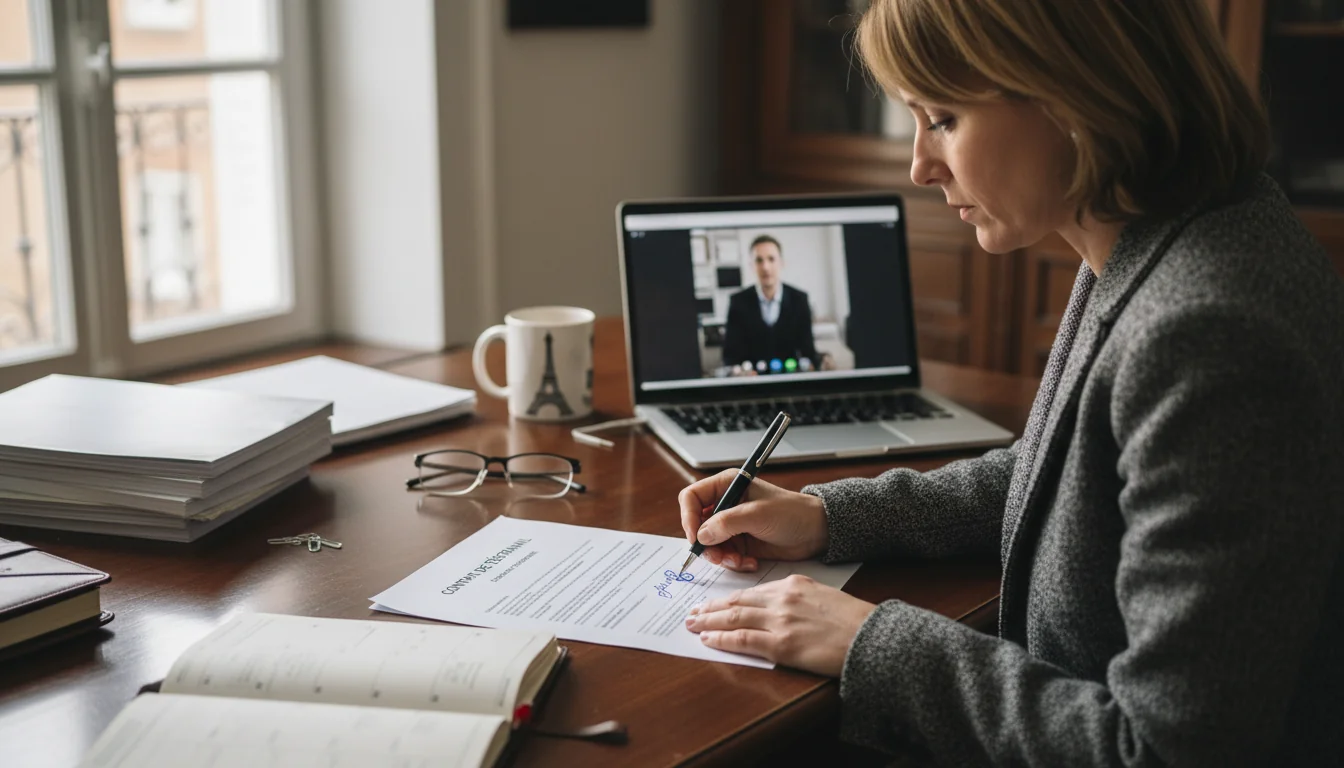 Signing telework contract in France.