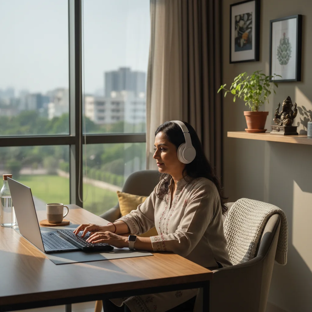 A photorealistic image of a professional adult Indian woman working remotely from a cozy home office in India, sitting at a desk with a laptop, wearing a headset for a video call, surrounded by elements like a cup of tea and a window showing a scenic Indian view, symbolizing remote work agreements without showing any legal documents.