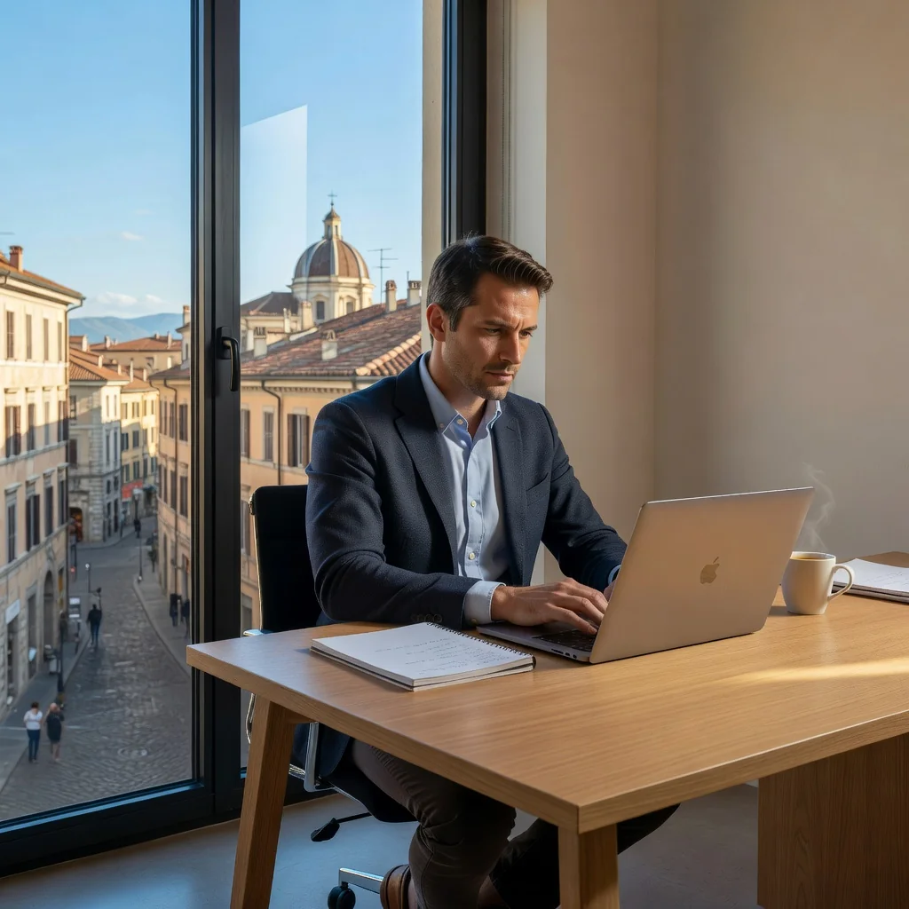 A photorealistic image of a modern Italian office setting where an adult professional is working flexibly from home, using a laptop on a desk with a window view of Italian architecture, symbolizing agile work agreements without showing any legal documents.
