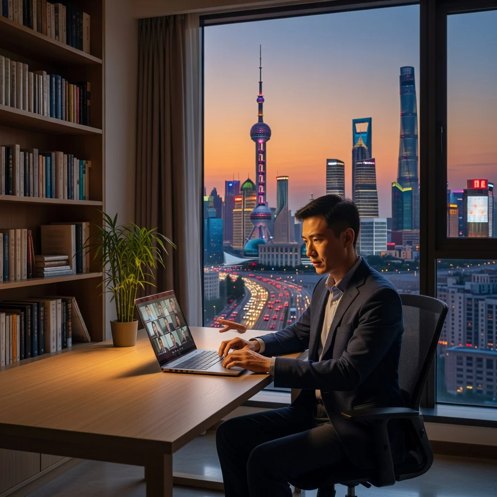 A photorealistic image depicting remote work in China, showing a professional adult working from home with modern technology, overlooking a cityscape like Beijing or Shanghai skyline, symbolizing the legal protocols for remote employment without focusing on documents.