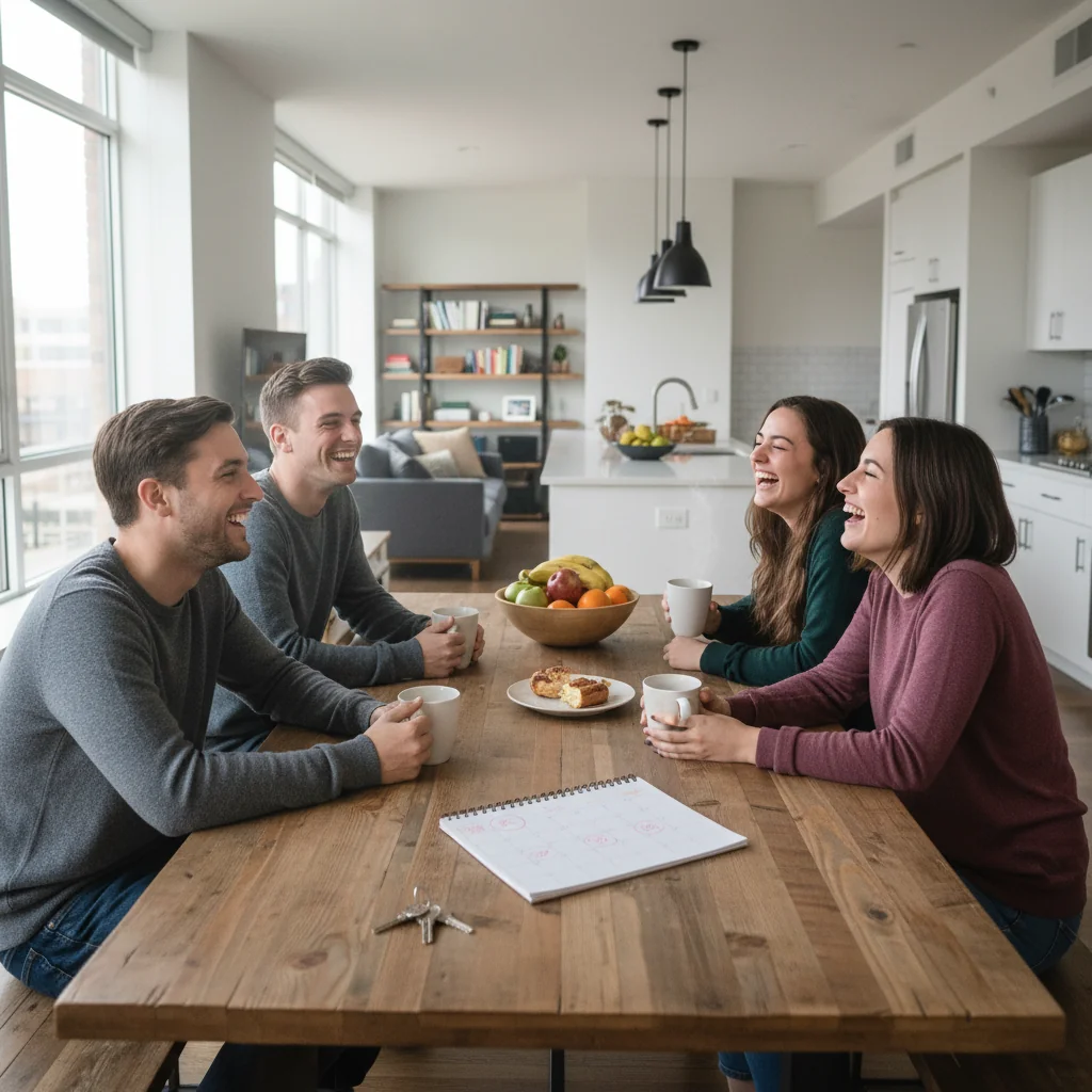 A photorealistic image of a group of young adults in a modern shared apartment, smiling and discussing around a kitchen table, symbolizing the collaborative and harmonious living arrangement facilitated by a secure roommate agreement.