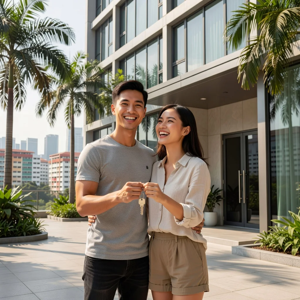 A photorealistic image of a young adult couple standing happily in front of their new apartment in a modern Singapore condominium building, holding keys and smiling at each other, with the urban skyline and lush greenery in the background, symbolizing the excitement of securing a tenancy agreement in Singapore. No children are present in the image.
