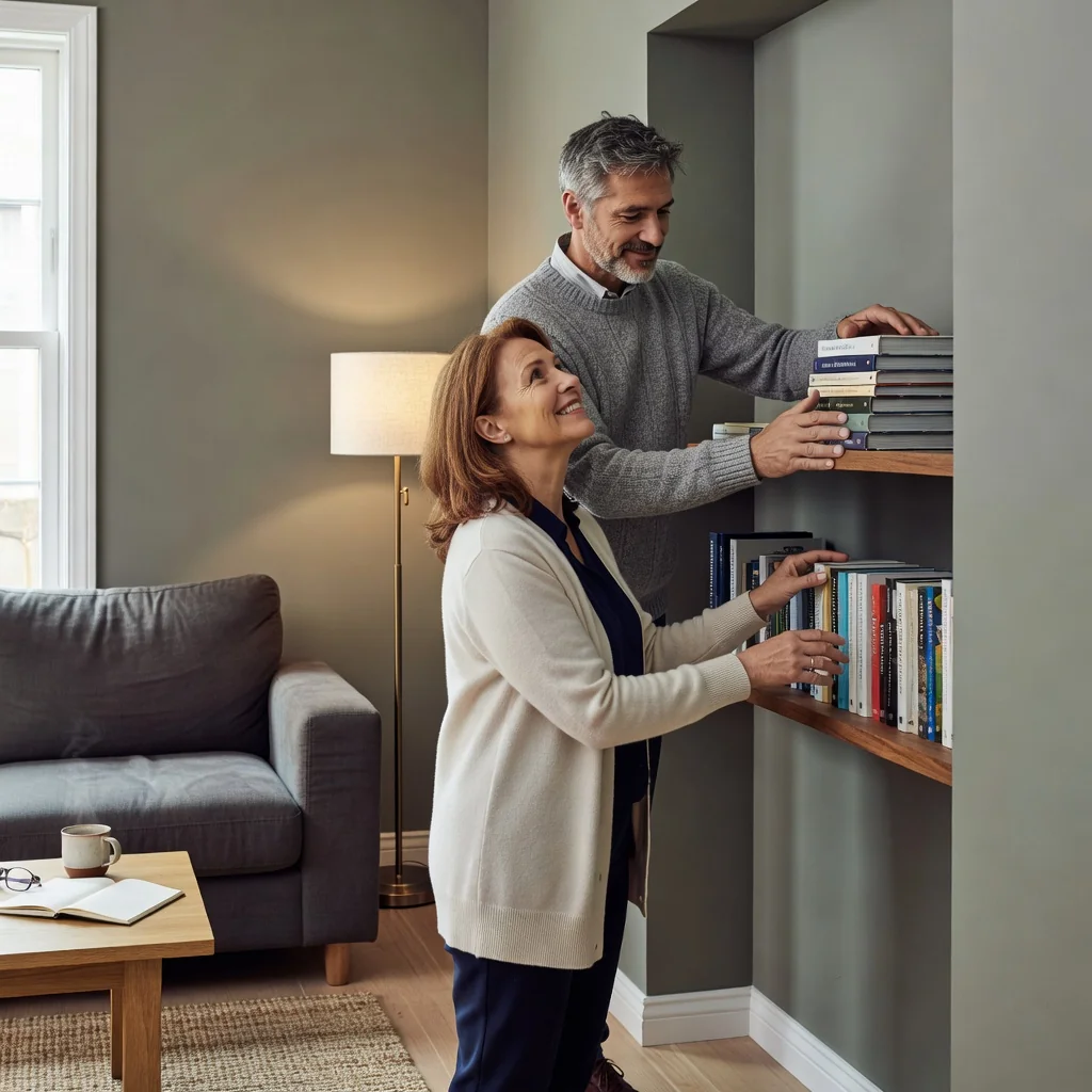 A photorealistic image depicting two adults happily sharing a modern living room in a house, symbolizing harmonious cohabitation and the purpose of a co-residence agreement. No children are present. The scene shows them arranging furniture or relaxing together, emphasizing collaboration and shared living space.